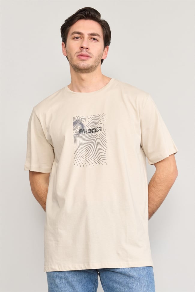 Çetinkaya Mentality 3736 Bisiklet Yaka Penye Regular Baskılı Tshirt Vizon
