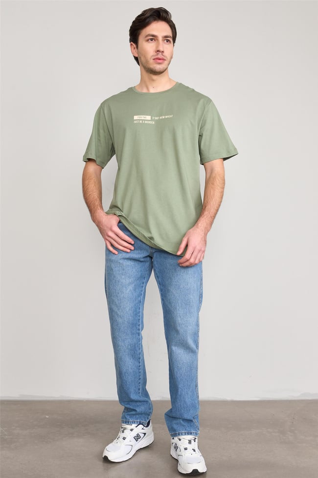 Çetinkaya Mentality 3741 Bisiklet Yaka Penye Regular Baskılı Tshirt Haki
