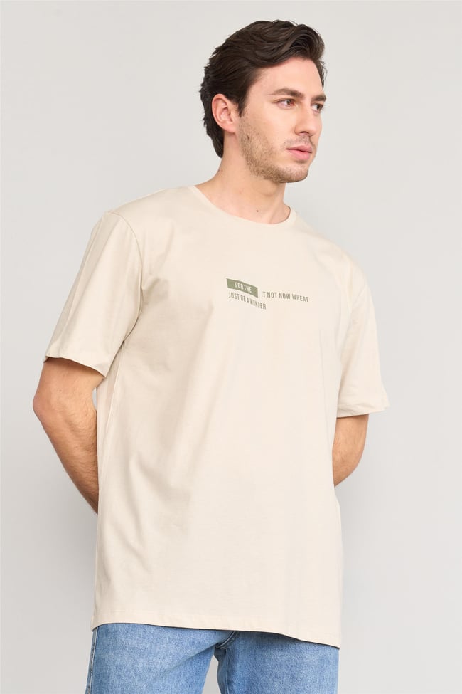 Çetinkaya Mentality 3741 Bisiklet Yaka Penye Regular Baskılı Tshirt Vizon