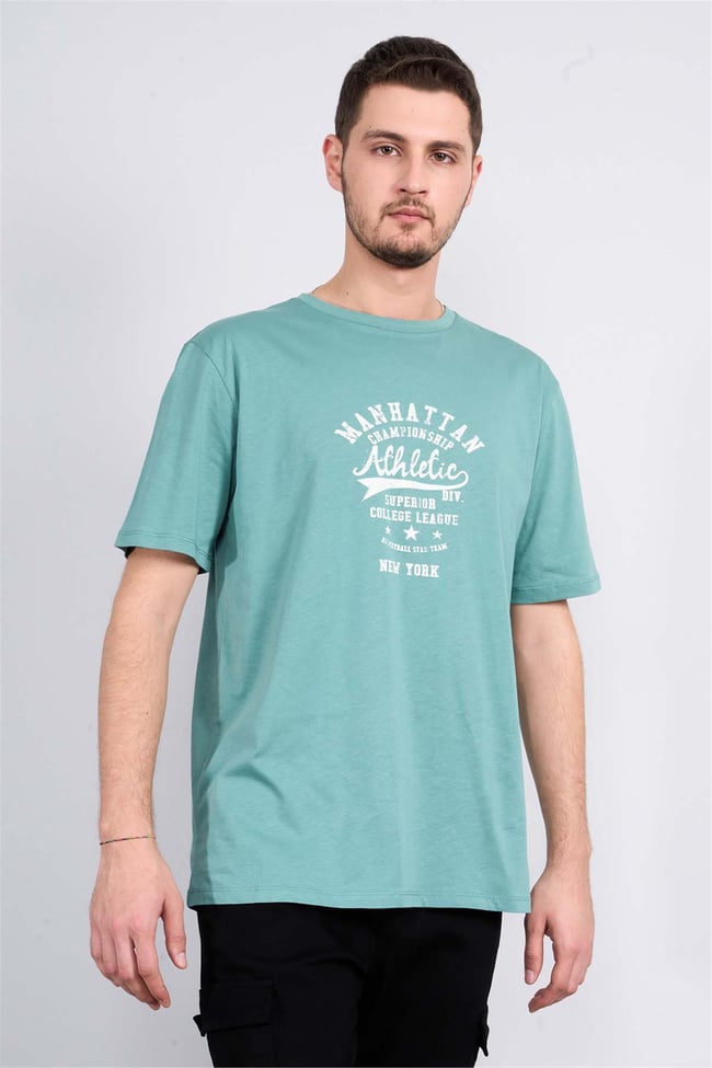 Çetinkaya Mentality 3804 Bisiklet Yaka Penye Regular Baskılı T-shirt Mavi Yeşil