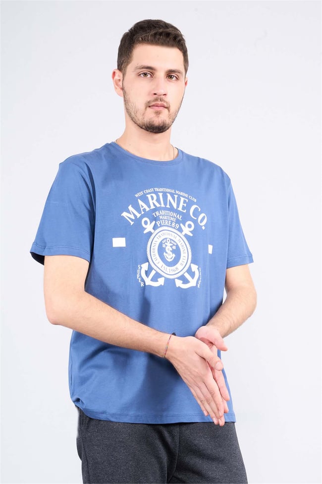Çetinkaya Mentality 3881 B Yaka Regular Baskılı T-Shirt İndigo