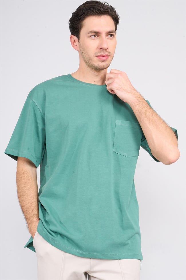 Çetinkaya Mentality 3892 Bisiklet Yaka 30/2 Süprem Loose Fit T-shirt Mavi Yeşil