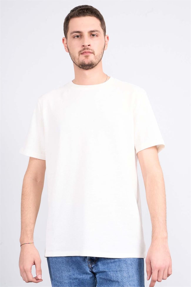 Çetinkaya Mentality 3923 Bisiklet Yaka Petek Örme Regular T-shirt Krem