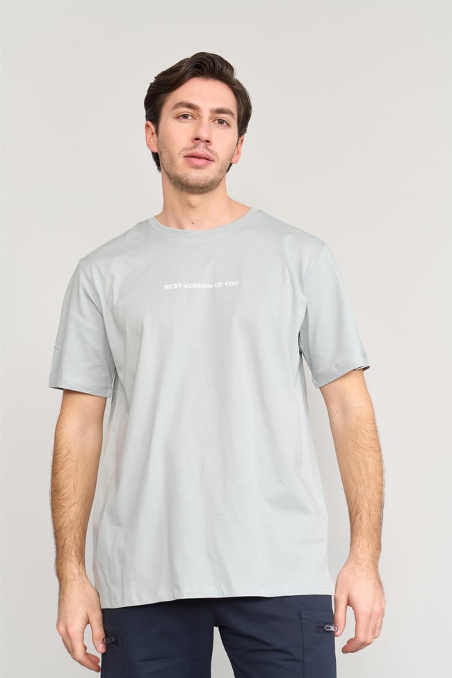 Çetinkaya Mentality 3958 B Yaka Regular Baskılı T-Shirt Düz Açık Gri