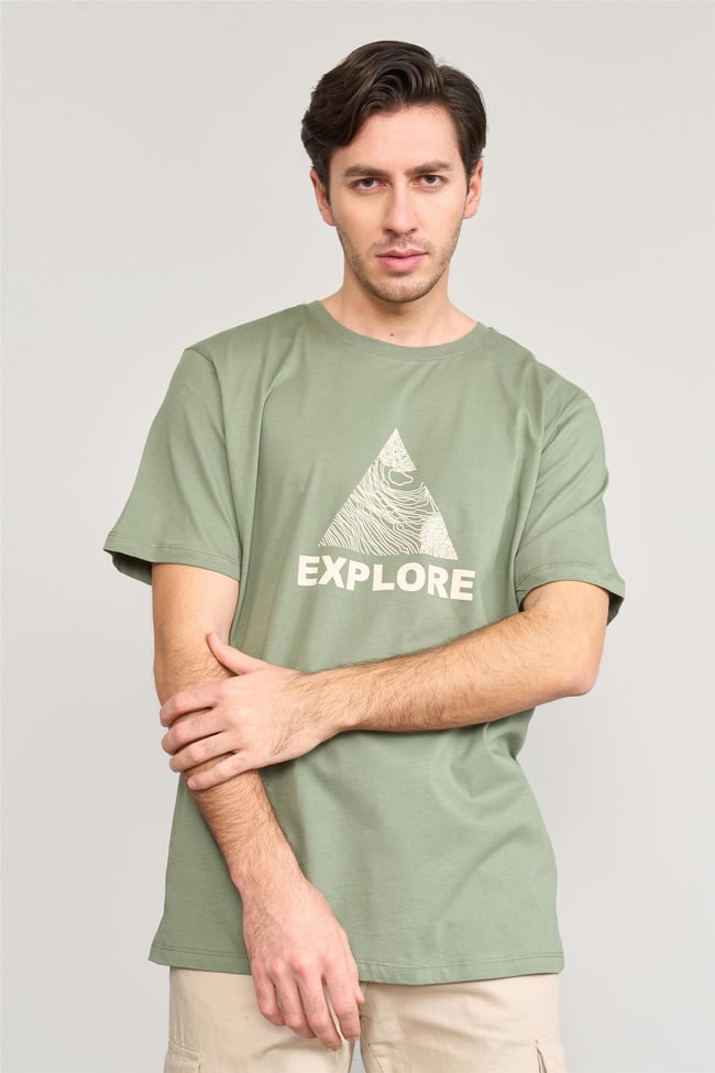 Çetinkaya Mentality 3959 Bisiklet Yaka Penye Regular Baskılı Tshirt Haki
