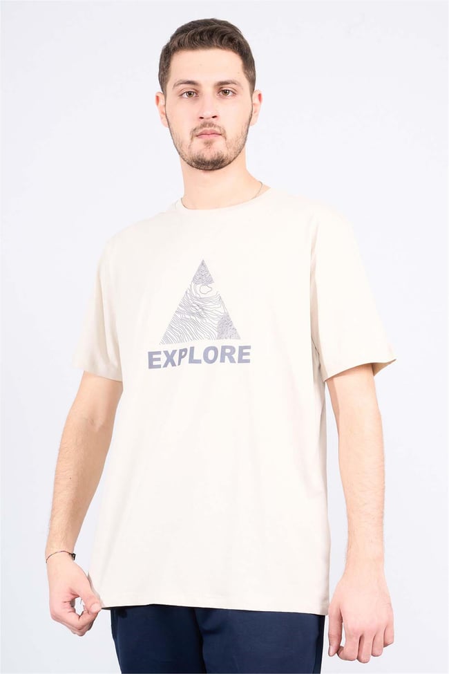 Çetinkaya Mentality 3959 Bisiklet Yaka Penye Regular Baskılı Tshirt Vizon