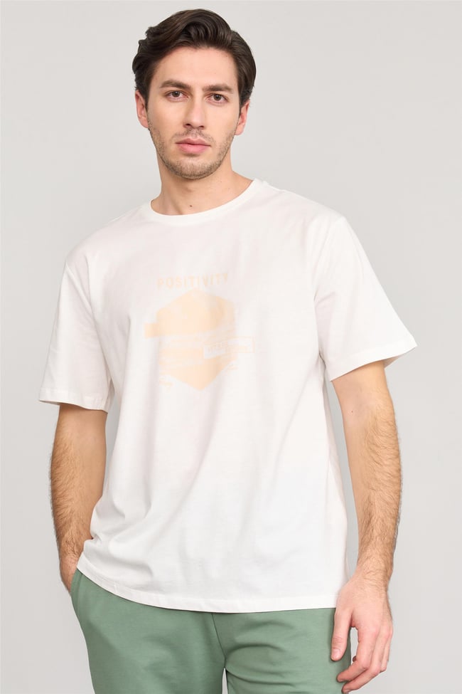 Çetinkaya Mentality 3961 Bisiklet Yaka Penye Regular Baskılı Tshirt Krem
