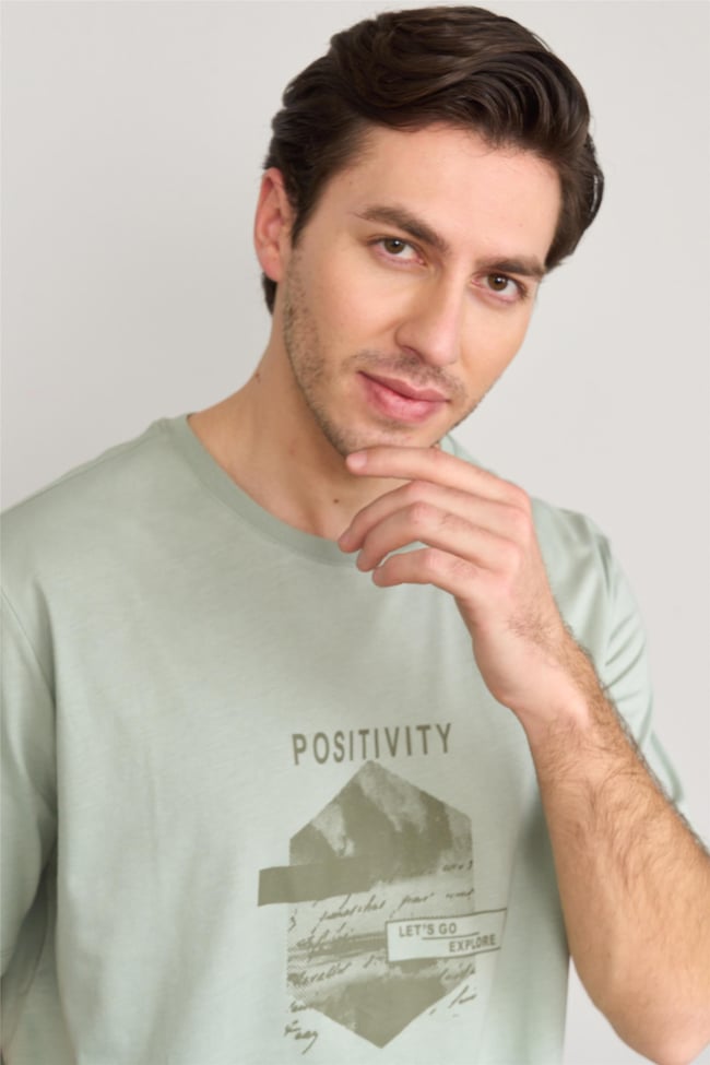 Çetinkaya Mentality 3961 Bisiklet Yaka Penye Regular Baskılı Tshirt Koyu Çağla