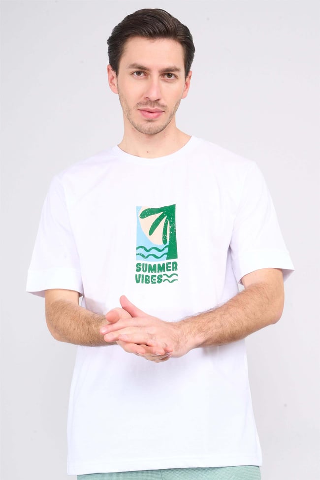 Çetinkaya Mentality 3967 Bisiklet Yaka Penye Regular Baskılı Tshirt Beyaz