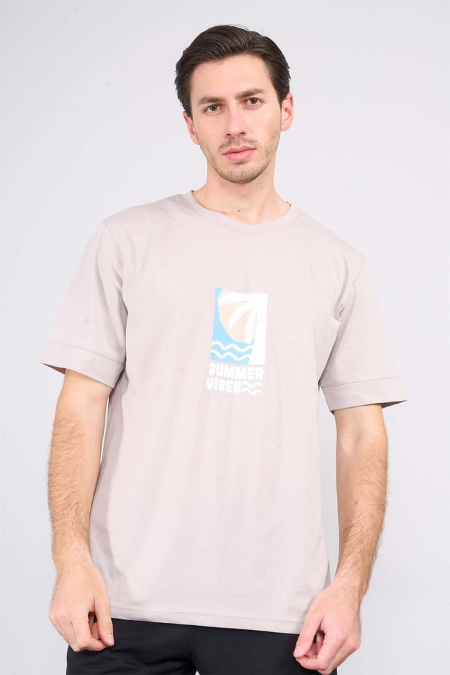 Çetinkaya Mentality 3967 Bisiklet Yaka Penye Regular Baskılı Tshirt Vizon