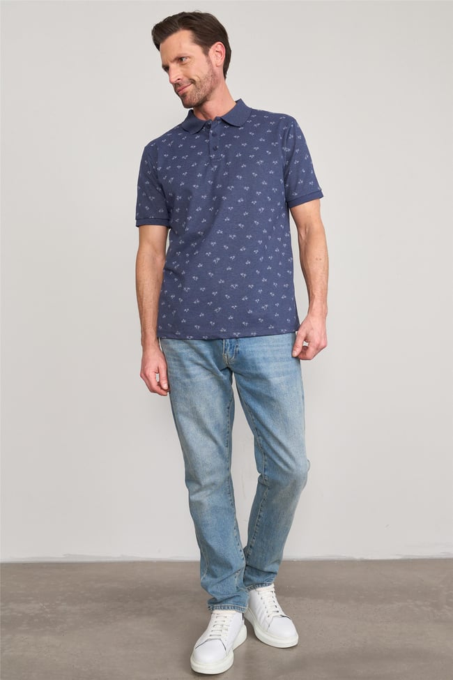 Çetinkaya Mentality 4135 Polo Yaka Rejenere Pike Metraj Baskı Regular T-Shirt İndigo