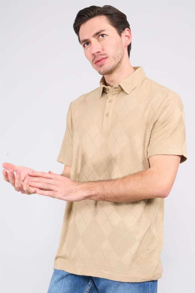 Çetinkaya Mentality 4230 Erkek Polo Yaka Jakarlı İnterlok Regular T-shirt Bej