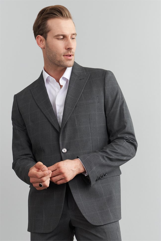 Çetinkaya Mentality 4941 Erkek Sivri Yaka Slim Fit Ceket Gri Ekoseli
