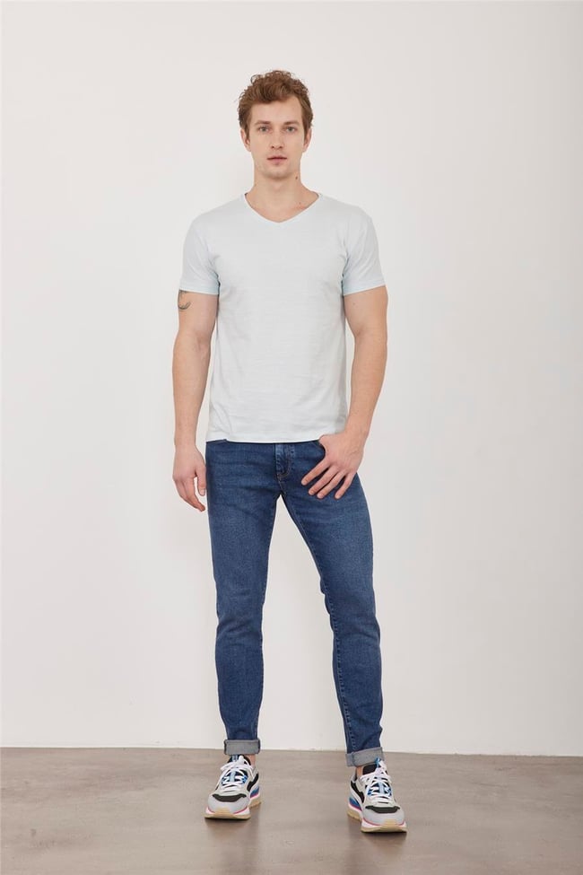 Çetinkaya Mentality V Yaka Açık Basic Çağla T-shirt