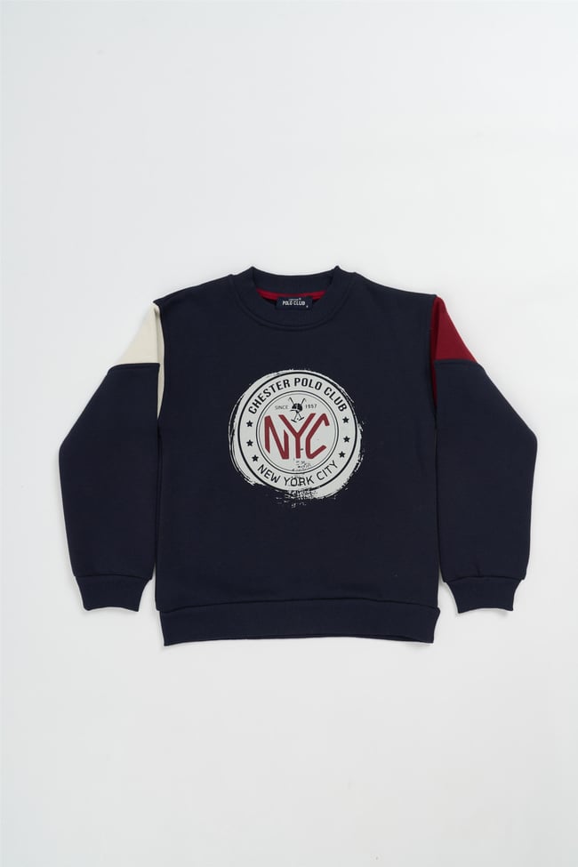 Chester Polo 22457 Erkek Çocuk Bisiklet Yaka 3 İplik Şardonlu Baskılı Sweatshirt 4-12 Yaş Lacivert