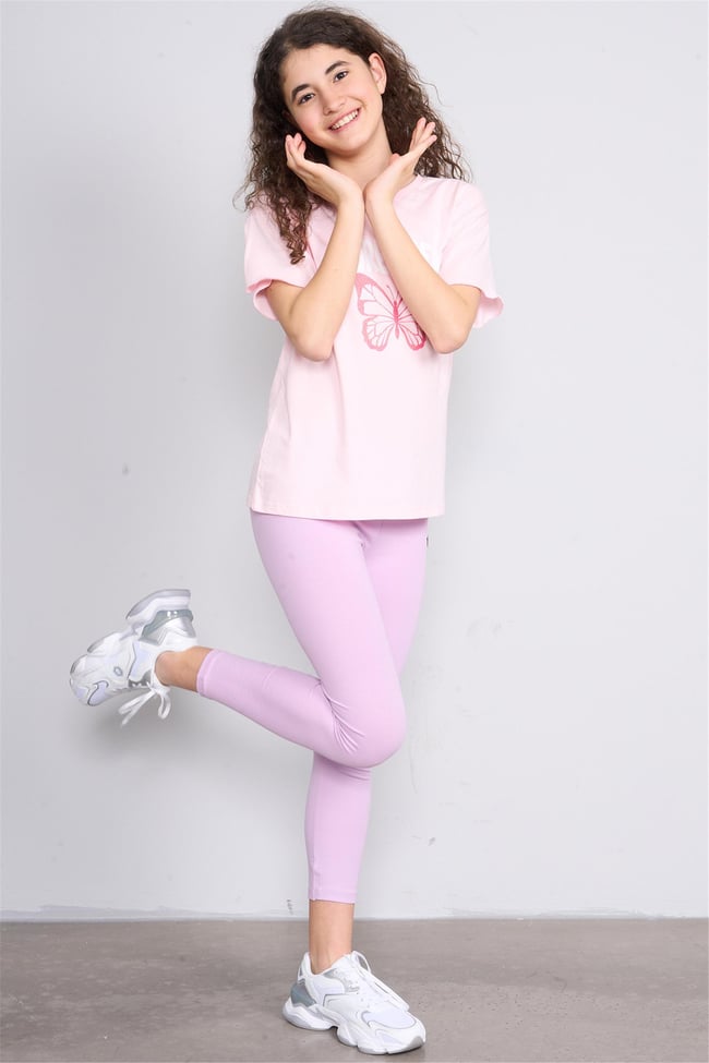 Chester Polo 32430 Kız Çocuk Penye Baskılı  Bisiklet Yaka  T-shirt 4-12 Yaş Pembe