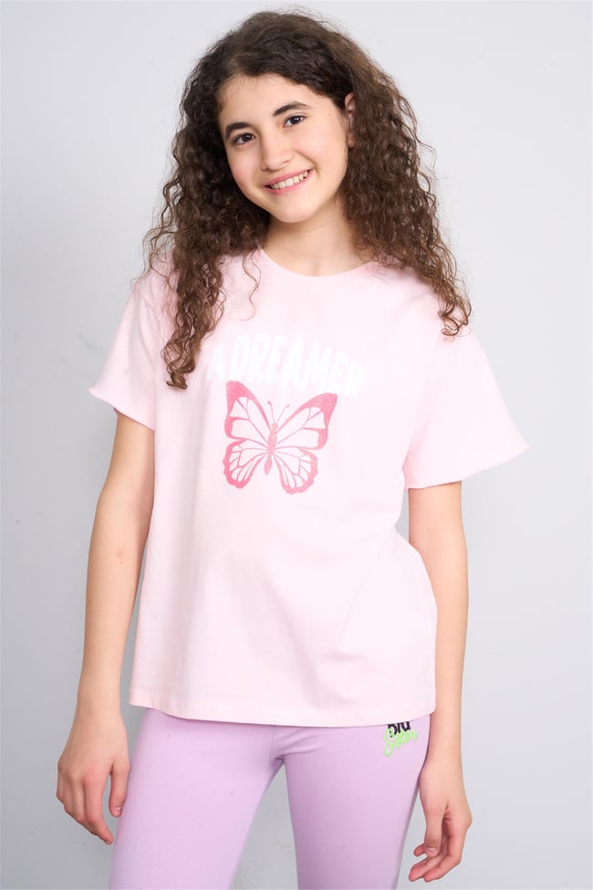 Chester Polo 32430 Kız Çocuk Penye Baskılı  Bisiklet Yaka  T-shirt 4-12 Yaş Pembe