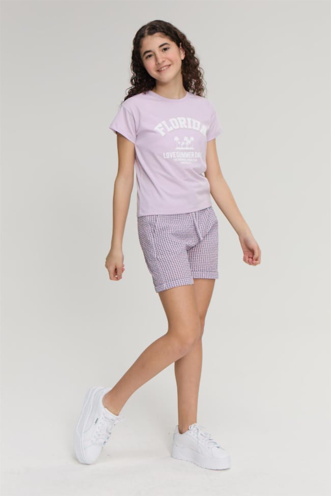 Chester Polo 32467 Kız Çocuk Penye Baskılı Bisiklet Yaka T-shirt 4-12 Yaş Leylak