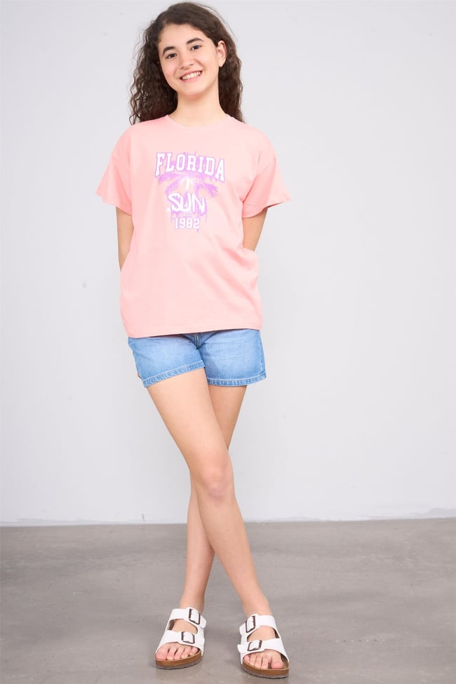 Chester Polo 32468 Kız Çocuk Penye Baskılı Bisiklet Yaka T-shirt 4-12 Yaş Kayısı