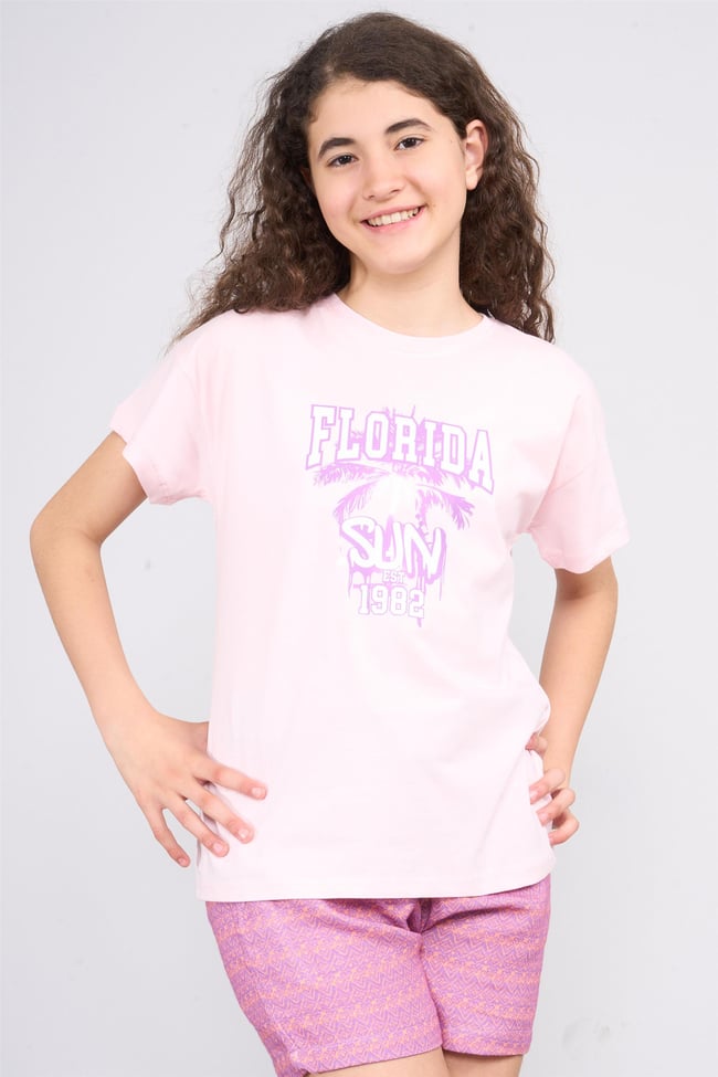 Chester Polo 32468 Kız Çocuk Penye Baskılı Bisiklet Yaka T-shirt 4-12 Yaş Pembe