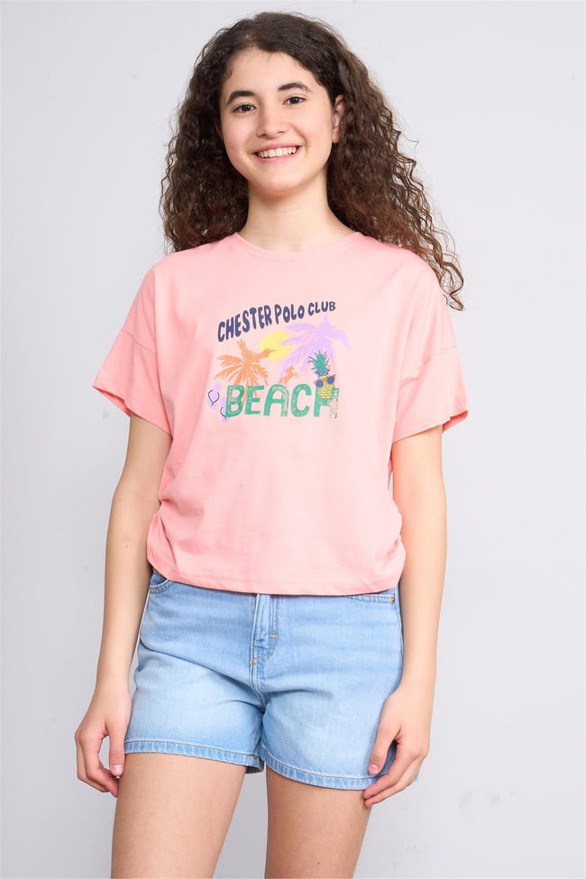 Chester Polo 32537 Kız Çocuk Penye Baskılı Bisiklet Yaka T-shirt 4-12 Yaş Açık Somon