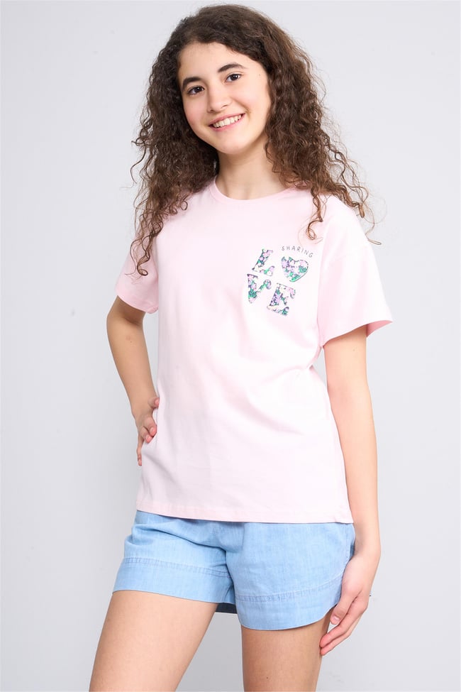 Chester Polo 32555 Kız Çocuk Penye Baskılı Bisiklet Yaka T-shirt 4-12 Yaş Şerbet Pembe