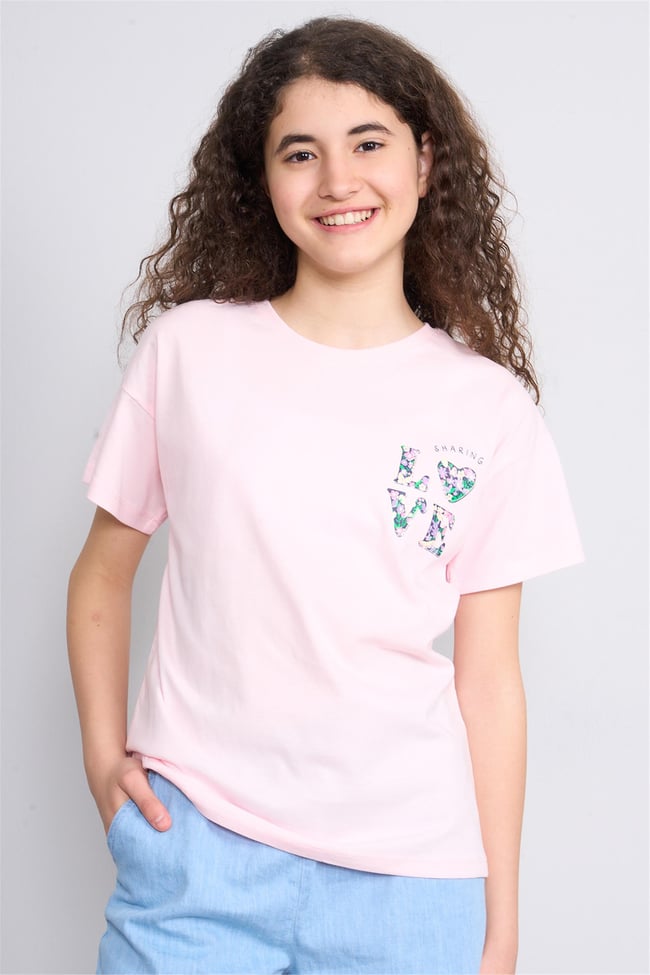 Chester Polo 32555 Kız Çocuk Penye Baskılı Bisiklet Yaka T-shirt 4-12 Yaş Şerbet Pembe