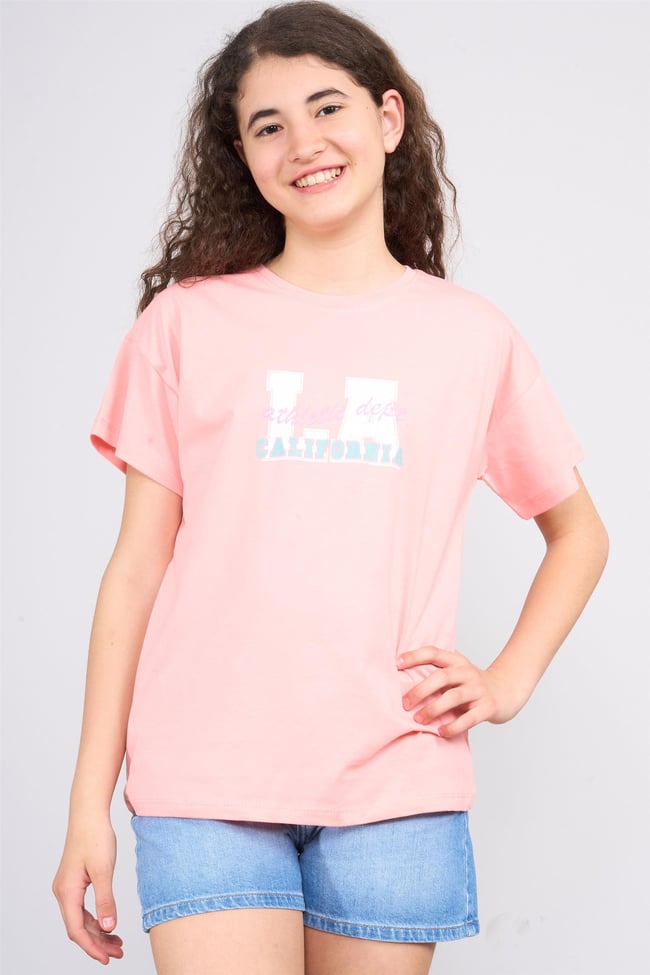 Chester Polo 32558 Kız Çocuk Penye Baskılı Bisiklet Yaka T-shirt 4-12 Yaş Açık Somon