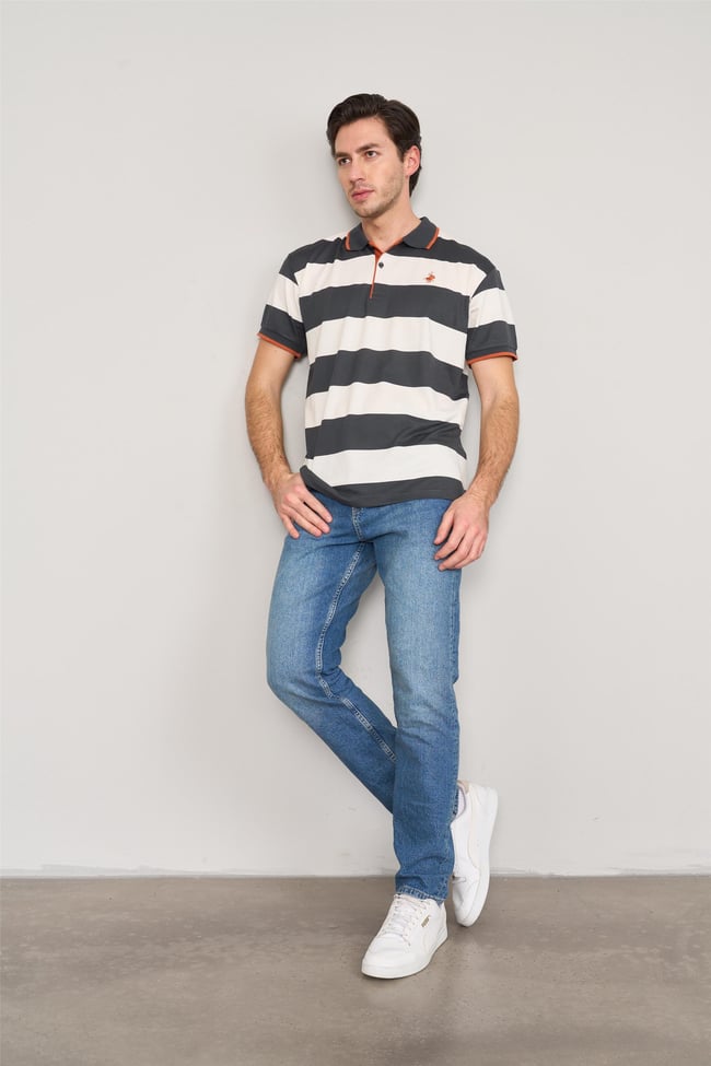 Chester Polo 4111 Erkek Polo Yaka 30/1 Ringelli Pike T-shirt Antrasit-Krem