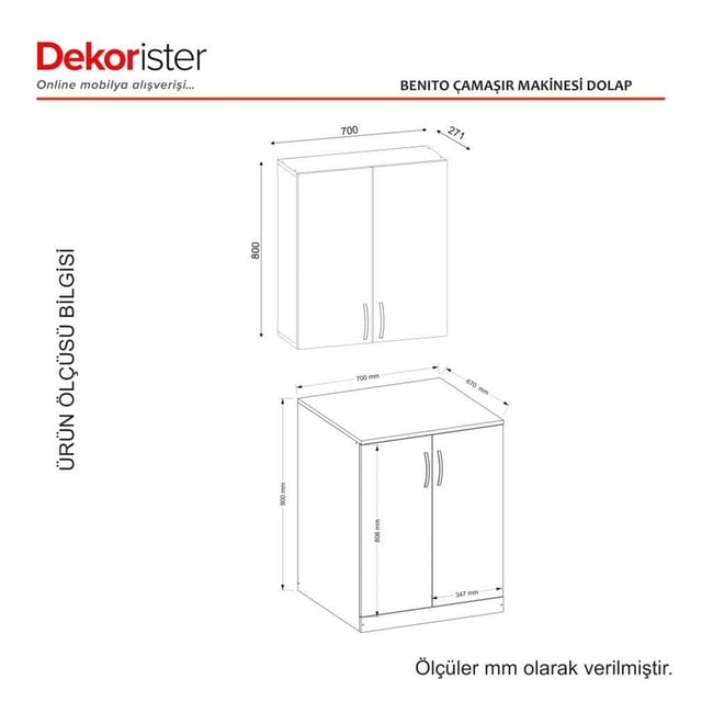 Dekorister Benito Çamaşır Makinesi Alt+Üst Dolabı Beyaz
