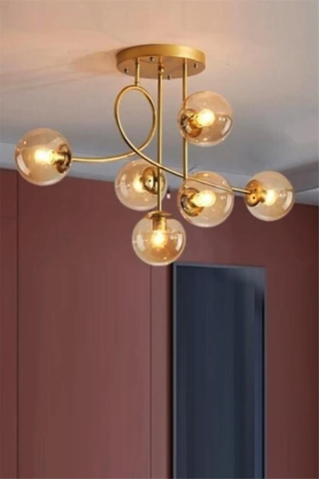 Evan 6 Lı Gold Bal Camlı Plafonyer Avize