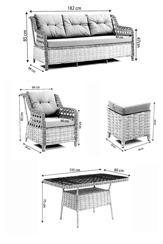 Evdemo Deniz Rattan Puflu Bahçe Balkon Takımı 3+1+1 Gri