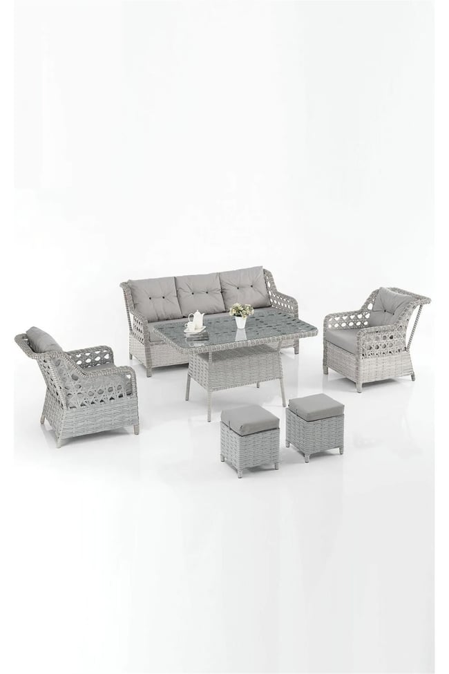Evdemo Eren Rattan Puflu Bahçe Balkon Takımı 3+1+1 Gri