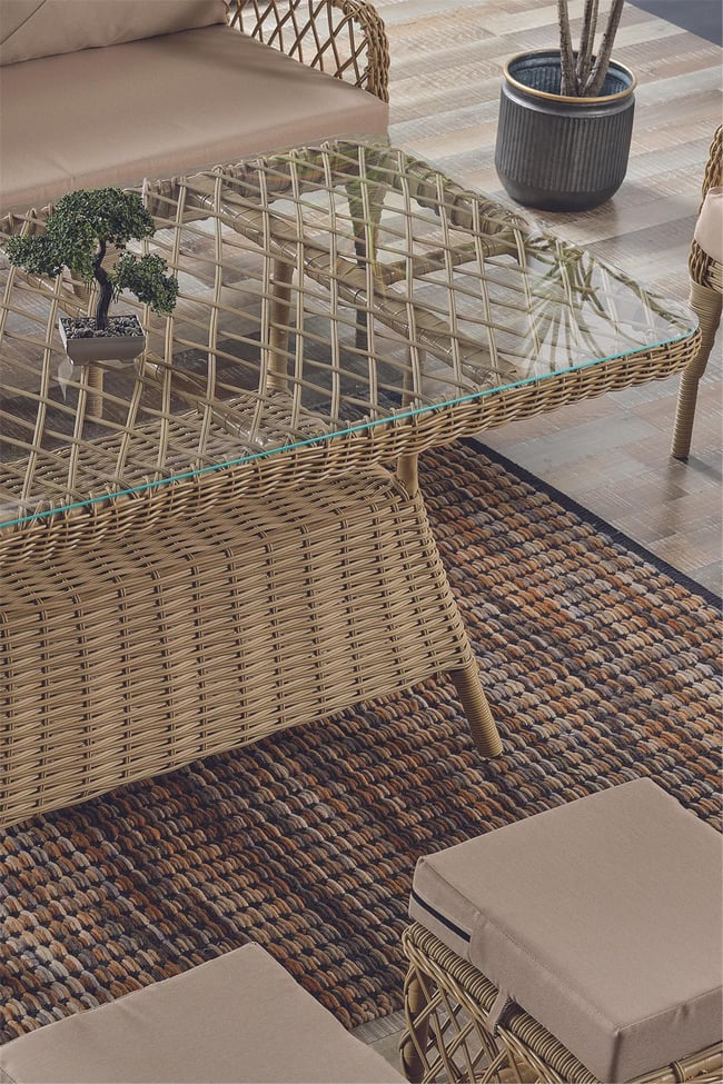 Evdemo Joy Rattan Puflu Bahçe Balkon Takımı 3+1+1+Camlı Masa Cappuccino