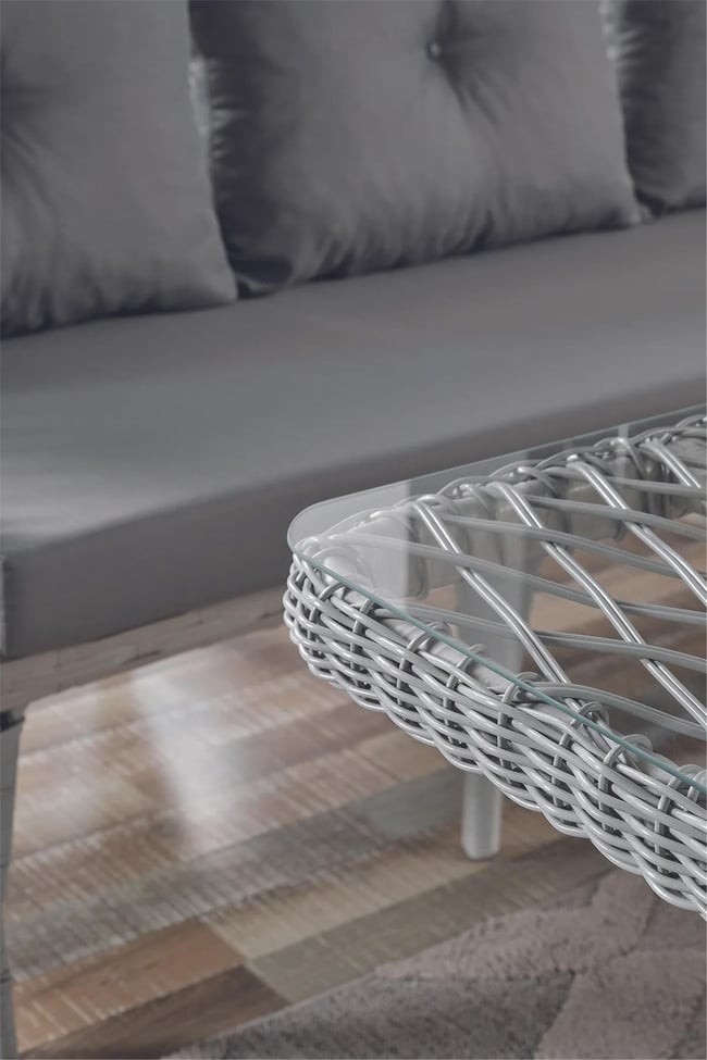 Evdemo Joy Rattan Puflu Bahçe Balkon Takımı 3+1+1+ Camlı Masa Kemik Rengi