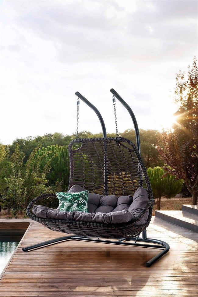 Eymense Komfor Çift Kişilik Rattan Salıncak Kahve Gri Oturum Rattan