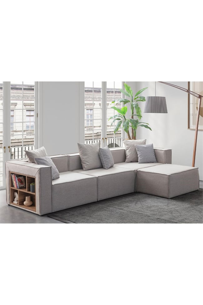 Eymense Soft Kitaplıklı 4 Modül Modüler Köşe Koltuk Takımı Keten Krem Krem