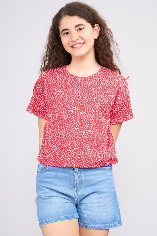 Fit Club 31203 Kız Çocuk Bisiklet Yaka Bürümcük Crop T-shirt 4-12 Yaş Kırmızı Üzeri Çıtır Çiçekler