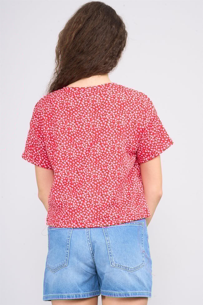 Fit Club 31203 Kız Çocuk Bisiklet Yaka Bürümcük Crop T-shirt 4-12 Yaş Kırmızı Üzeri Çıtır Çiçekler