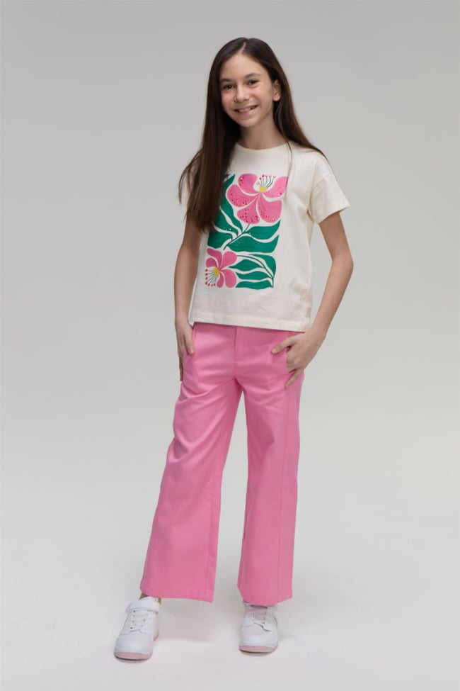 Fit Club 32303 Kız Çocuk Bisiklet Yaka Openend Baskılı T-shirt 4-12 Yaş Ekru