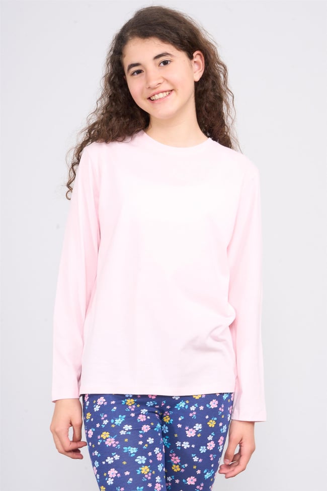 Fit Club 32307 Kız Çocuk Bisiklet Yaka Penye Uzun Kol T-shirt 4-12 Yaş Şerbet Pembe