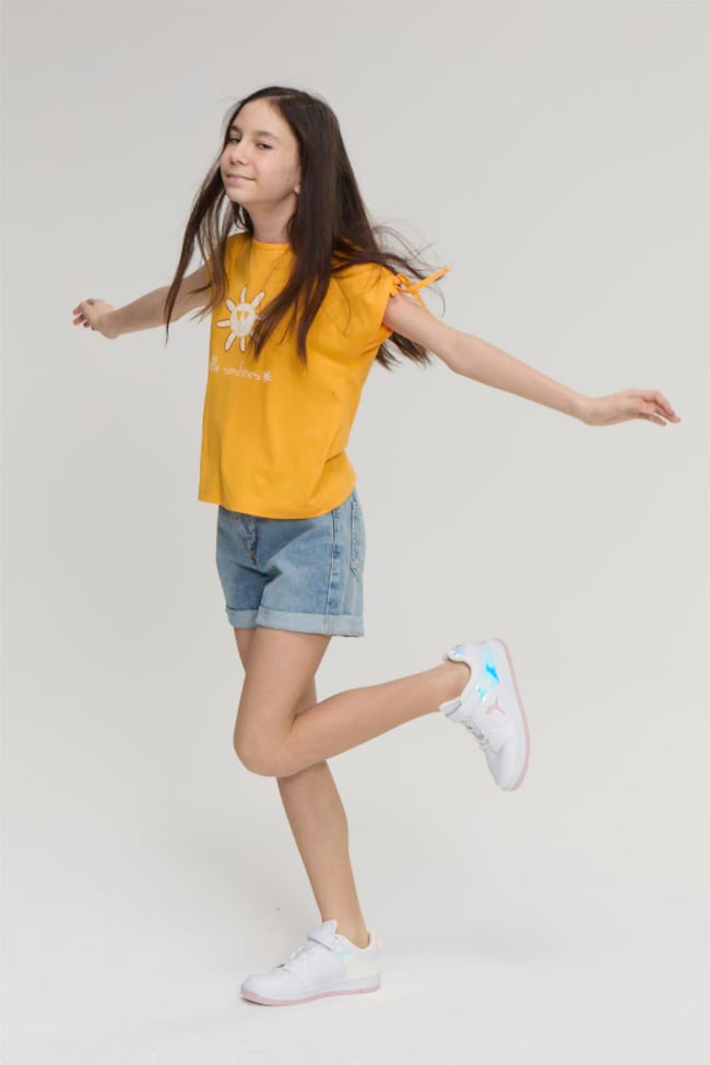 Fit Club 32349 Kız Çocuk Bisiklet Yaka Penye Baskılı T-shirt 4-12 Yaş Açık Somon