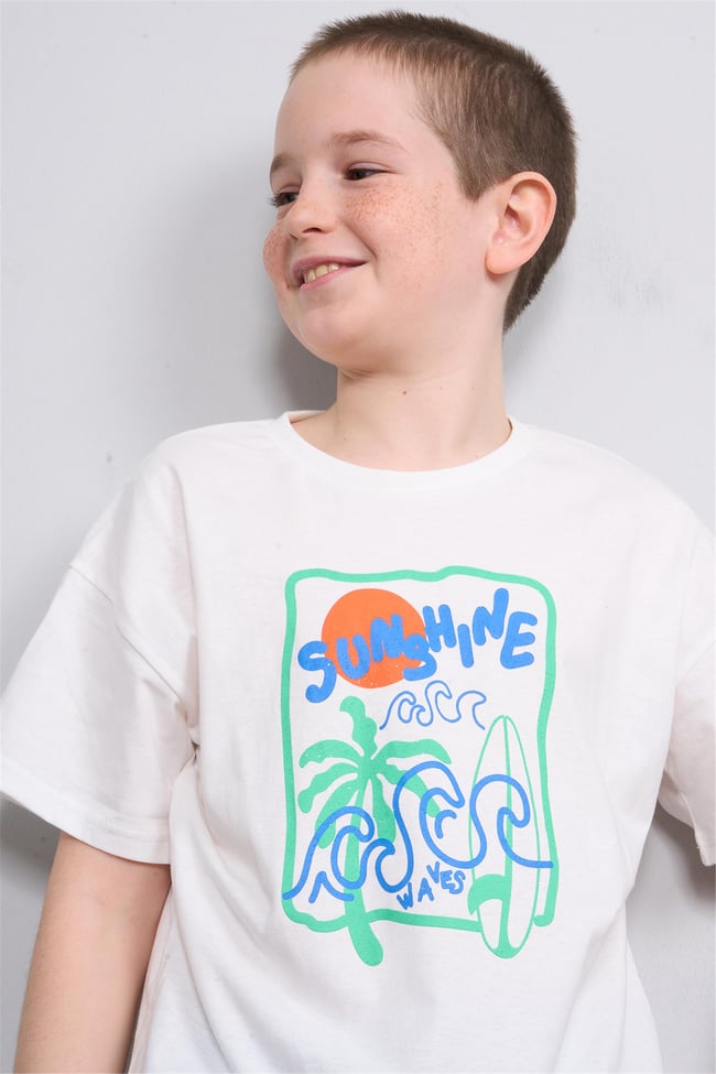 Fit Club 32371 Erkek Çocuk Bisiklet Yaka Openend Baskılı T-shirt 4-12 Yaş Ekru