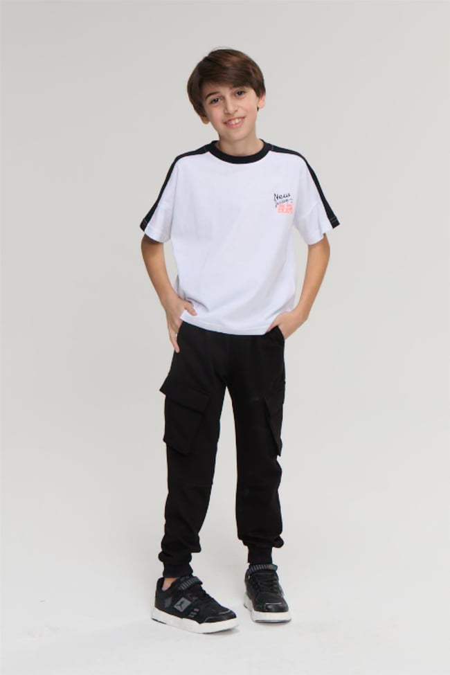 Fit Club 32393 Erkek Çocuk Bisiklet Yaka Penye Baskılı T-shirt 4-12 Yaş Beyaz
