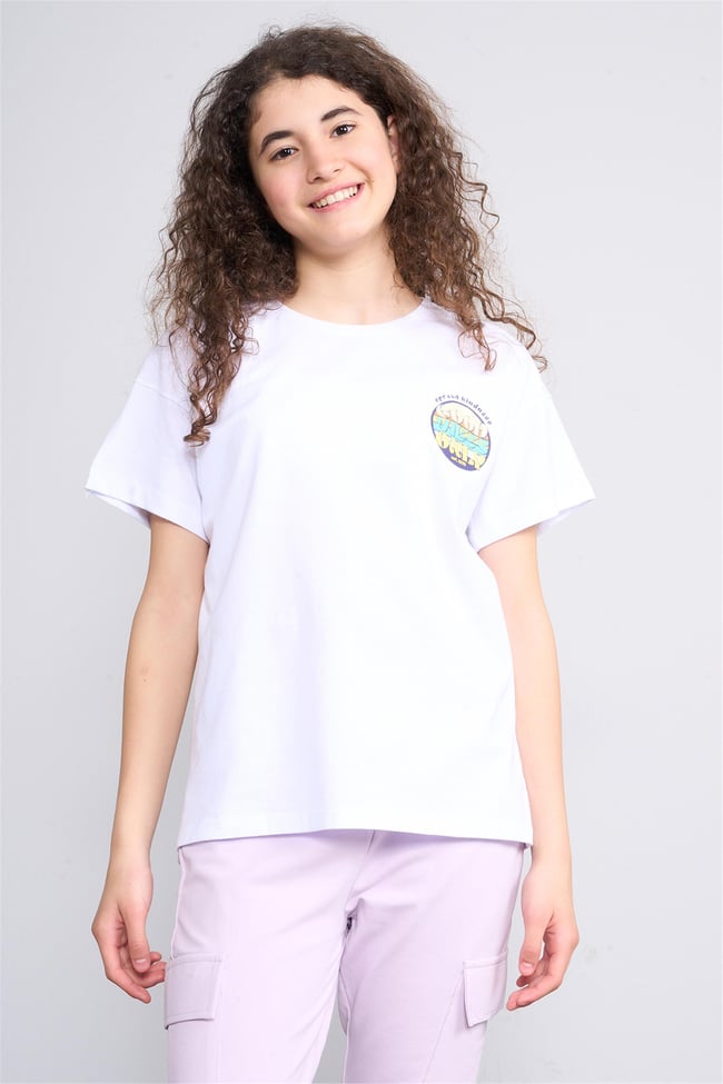 Fit Club 32544 Kız Çocuk Bisiklet Yaka Openend Baskılı T-shirt 4-12 Yaş Beyaz