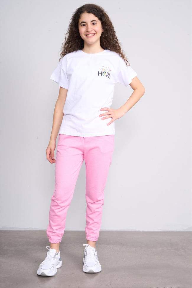 Fit Club 32550 Kız Çocuk Bisiklet Yaka Openend Baskılı T-shirt 4-12 Yaş Beyaz