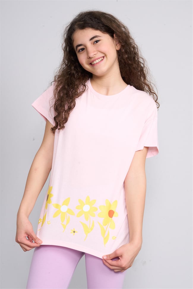 Fit Club 32553 Kız Çocuk Bisiklet Yaka Openend Baskılı T-shirt 4-12 Yaş Şerbet Pembe