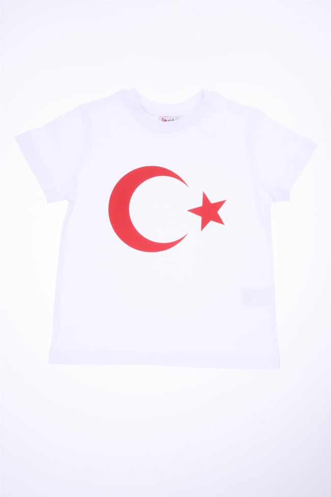 Fit Club 82452 Unisex Çocuk Bisiklet Yaka Bayrak Baskılı Süprem T-shirt 4-16 Yaş Beyaz