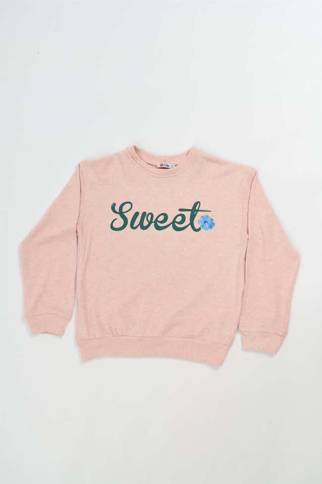 FitClub 22319 Kız Çocuk Bisiklet Yaka Baskılı Sweatshirt 4-12 Yaş Pembemelanj