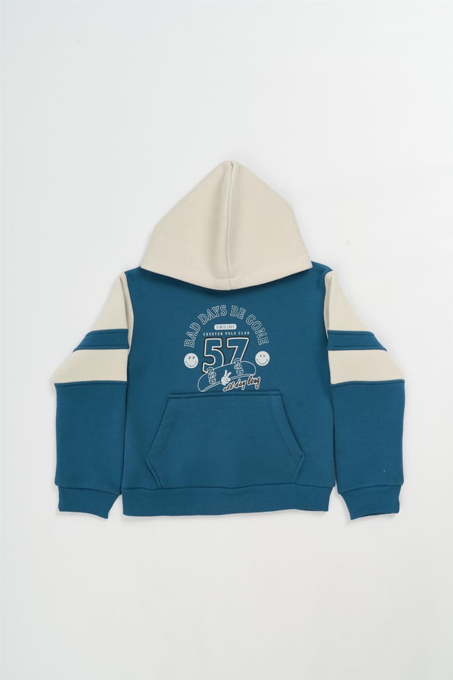 Fitclub 22466 Erkek Çocuk Kapüşonlu 3 İplik Şardonlu Baskılı Sweatshirt 4-12 Yaş Petrol